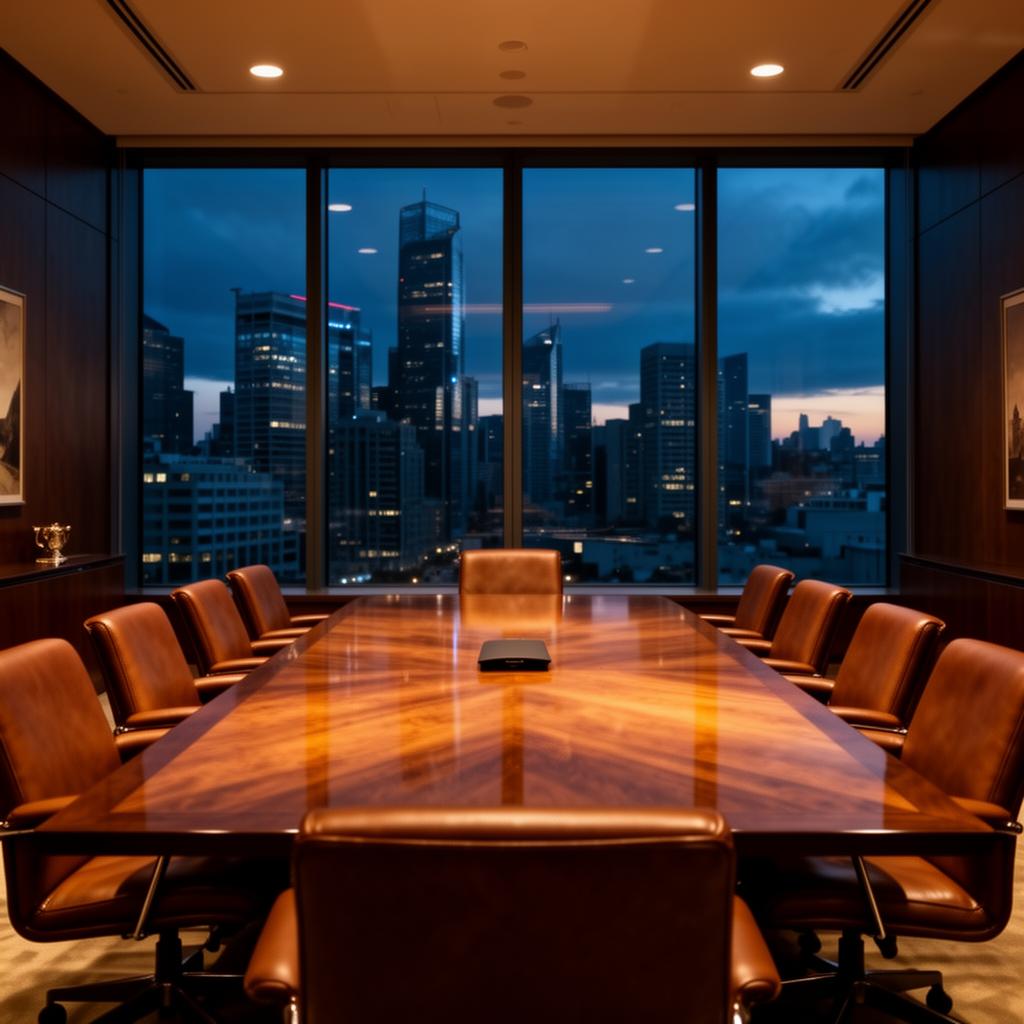 Executive boardroom at dusk overlooking a city skyline